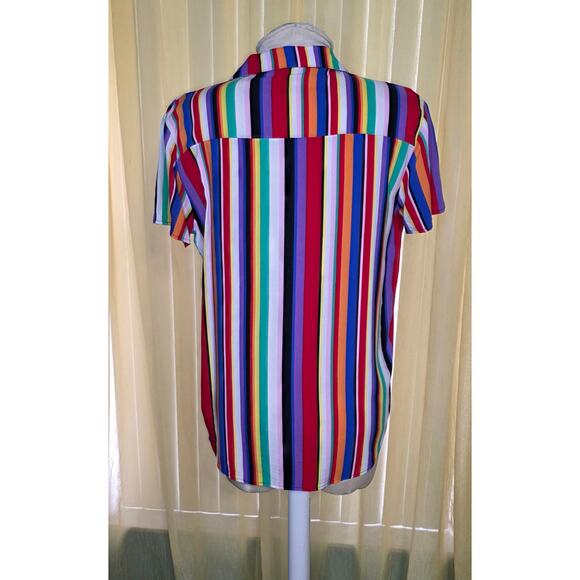 Forever 21 Striped Blouse Button Up Short Sleeve Shirt Womens medium colorful - Picture 2 of 5
